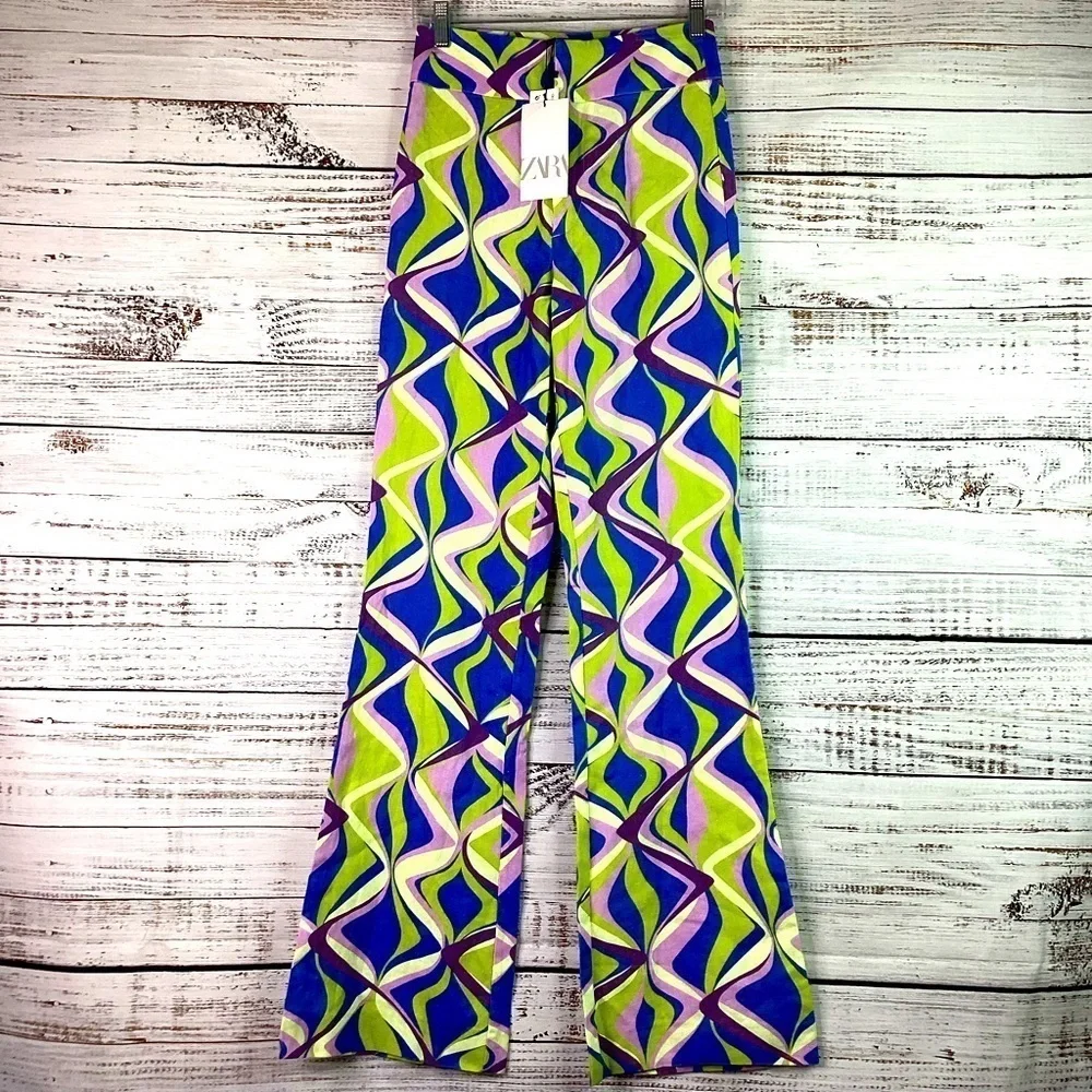 ZARA RETRO SIZE XS BLUE GREEN FLARED SUMMER PANTS SWIRL SPRING VACATION NWT‎